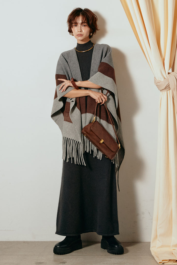 [SET]裾フリンジ柄ポンチョアウター+ノースリーブニットロングワンピース(2set)