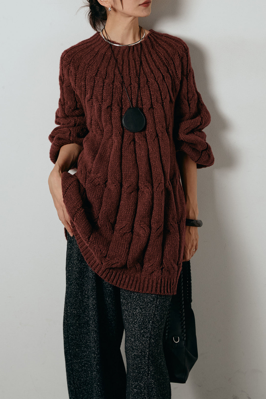 求心柄ニットトップス/レッド