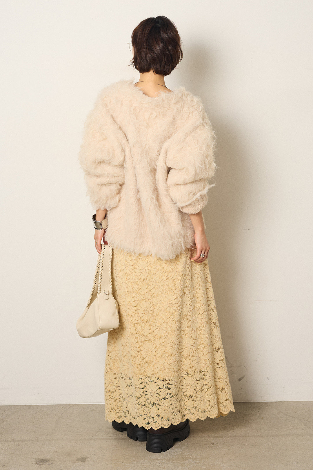 [SET]起毛シャギーニットカーディガン+花柄刺繍ベロアフレアスカート(2set)