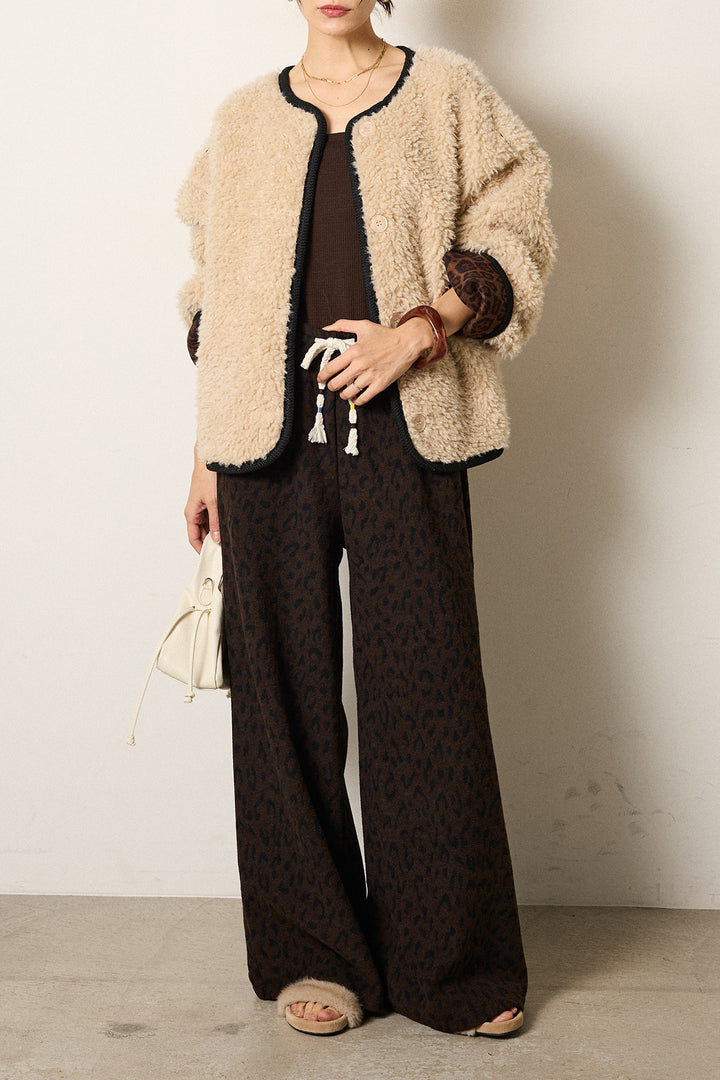 [SET]ノーカラー裏地レオパードボアアウター+レオパードジャガードニットパンツ(2set)