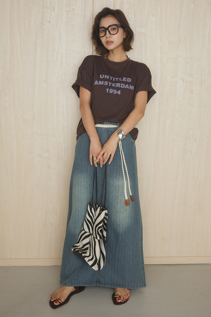 [SET]英字フロントロゴプリントTシャツ+ベルト付きデニムタイトスカート(2set)