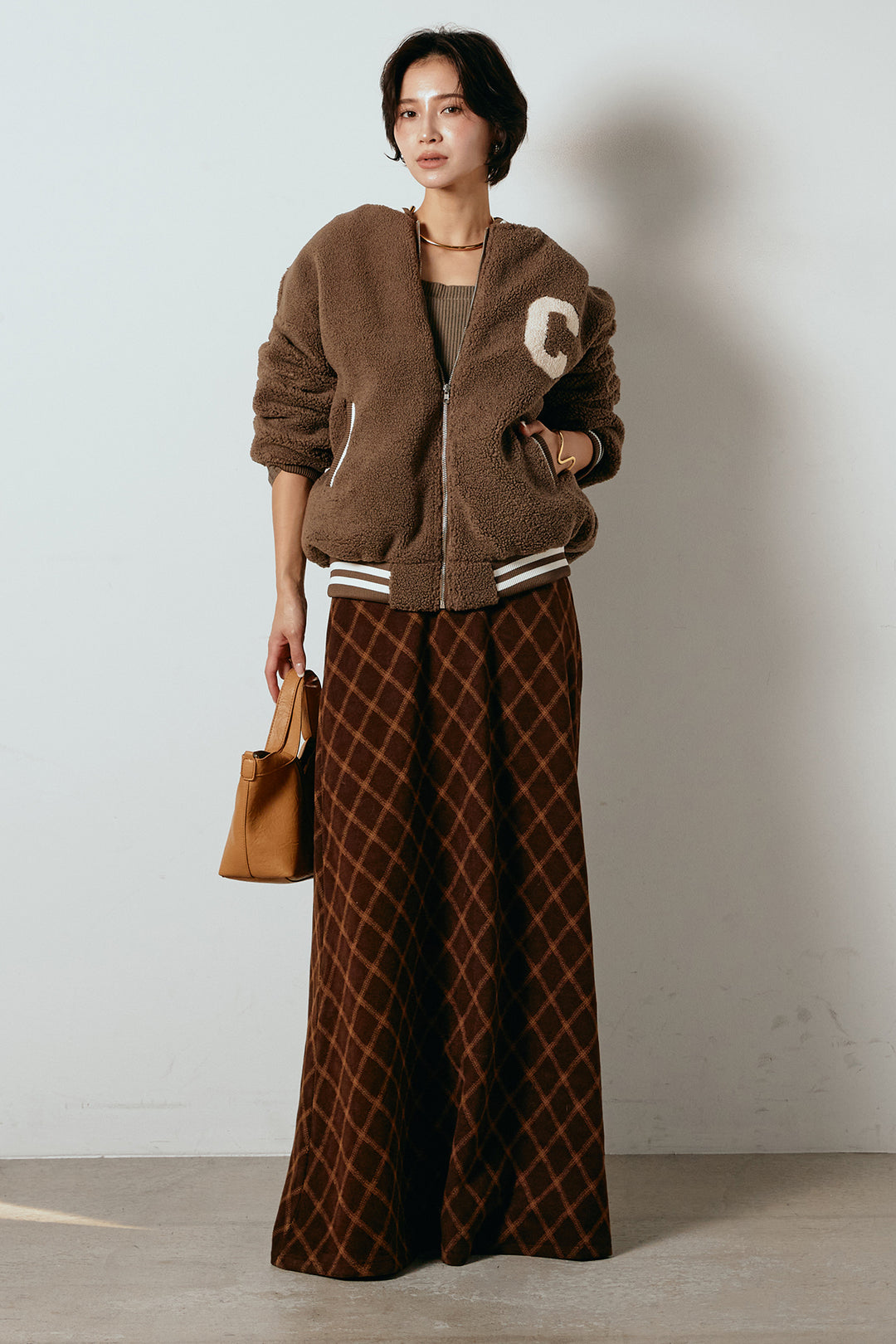 [SET]ロゴスタジャンボアブルゾン+フロッキー起毛チェックスカート(2set)