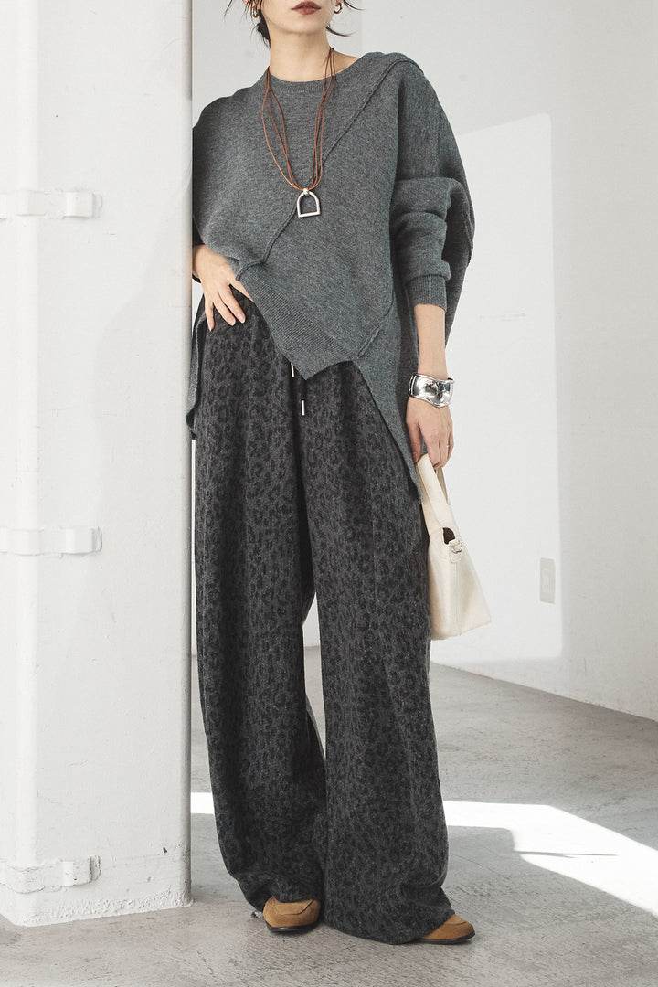 [SET]アシンメトリーデザインニットトップス+リラックスレオパード柄ワイドパンツ(2set)