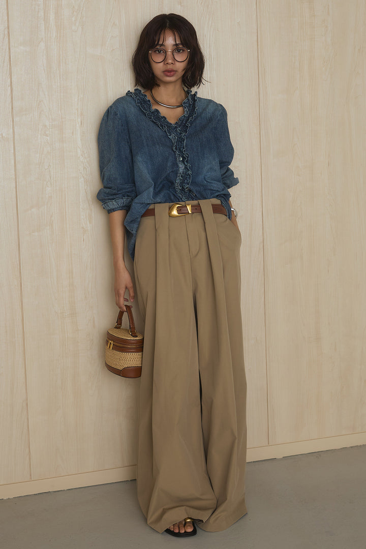 [SET]Vネックデニムフリルトップス+ベルトループデザインハイウエストタックパンツ(2set)