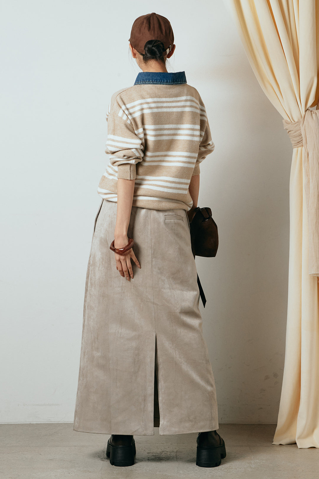 [SET]デニムレイヤード風ランダムボーダーニットプルオーバー+エコスウェードワイドスカート(2set)