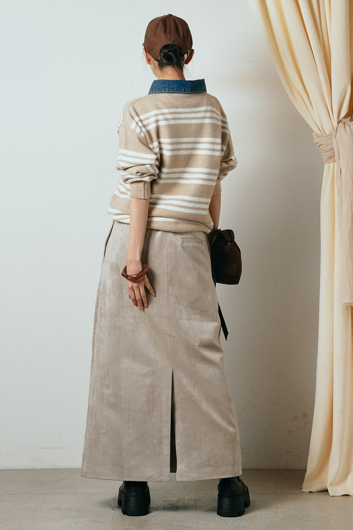 [SET]デニムレイヤード風ランダムボーダーニットプルオーバー+エコスウェードワイドスカート(2set)