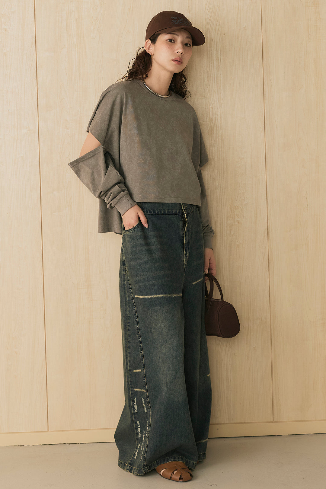 [SET]セパレートフェードTシャツ+ランダムダメージデニムワイドパンツ(2set)