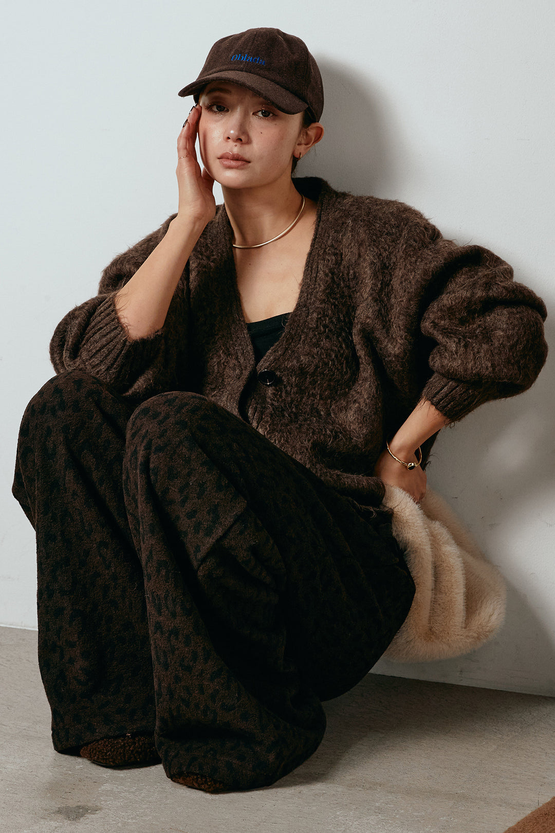 起毛ボタンニットカーディガン/コーヒー