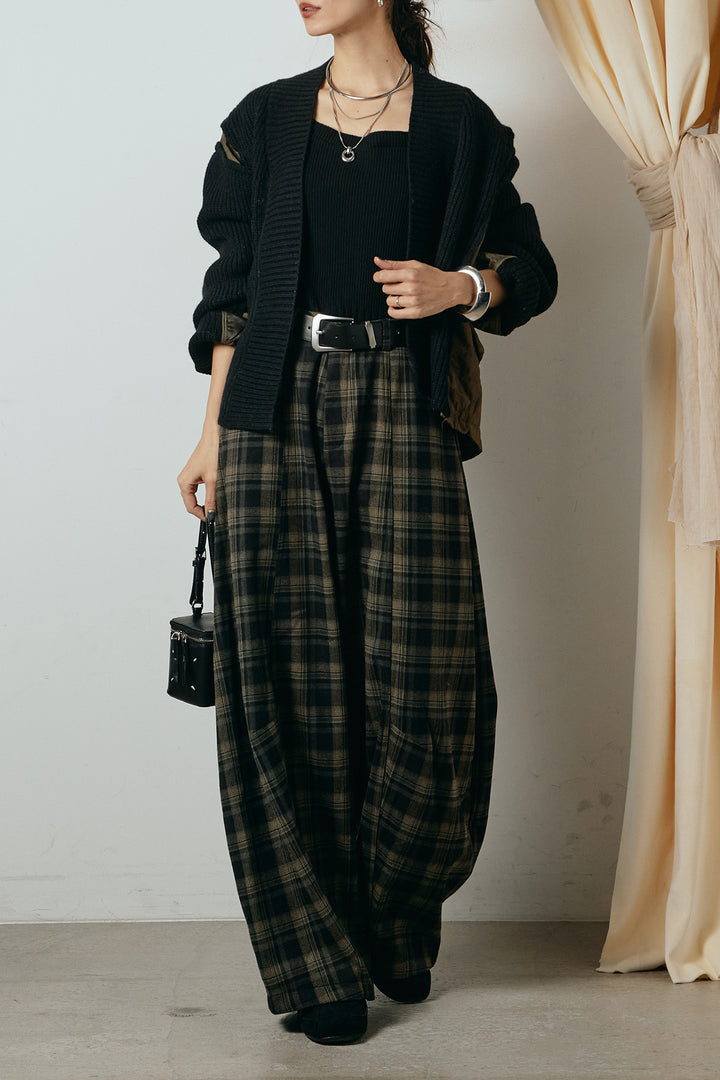 [SET]キルティング切り替えニットカーディガン+ベルト付きタータンチェックカーブワイドパンツ(2set)