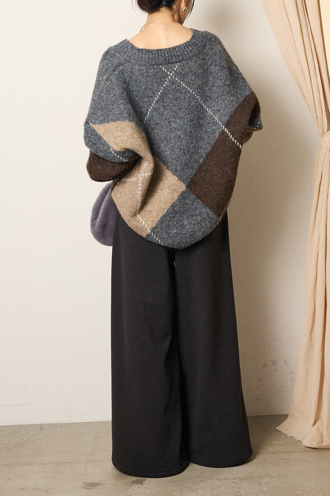 [SET]ルーズアーガイルVネックニット+サイドベルトパンツ(2set)
