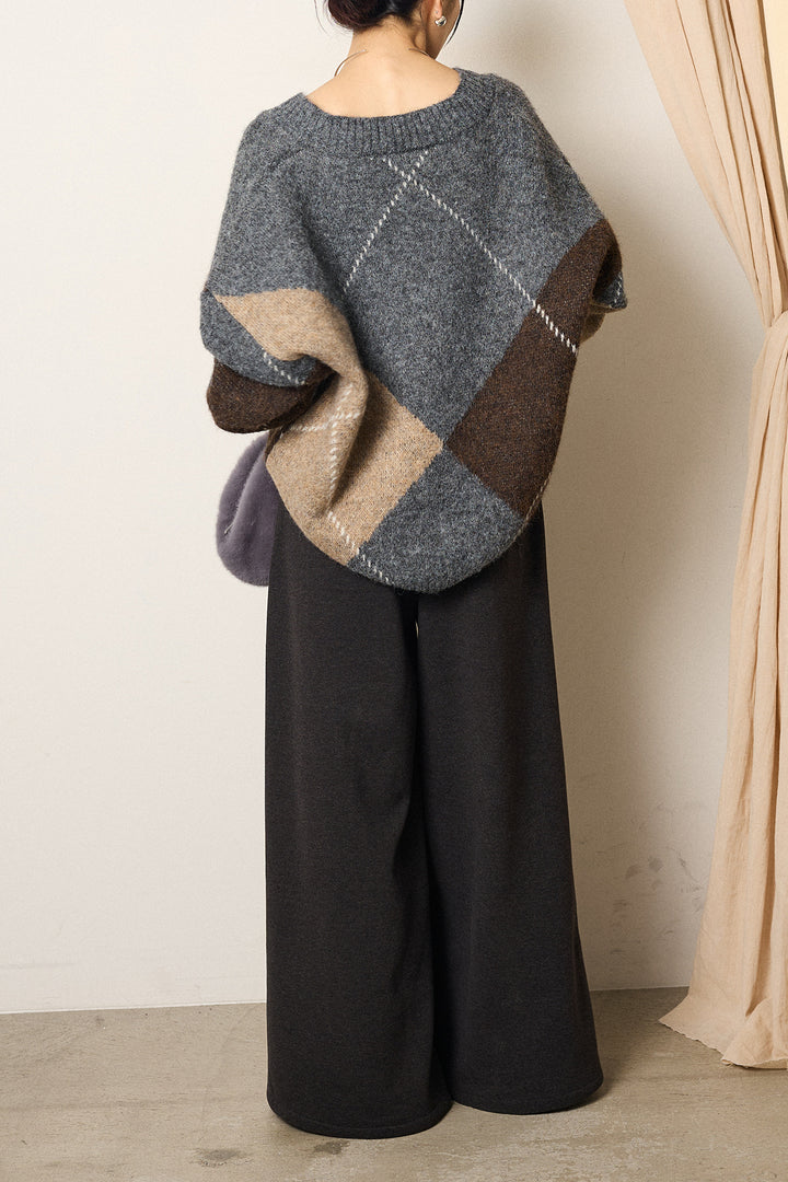 [SET]ルーズアーガイルVネックニット+サイドベルトパンツ(2set)