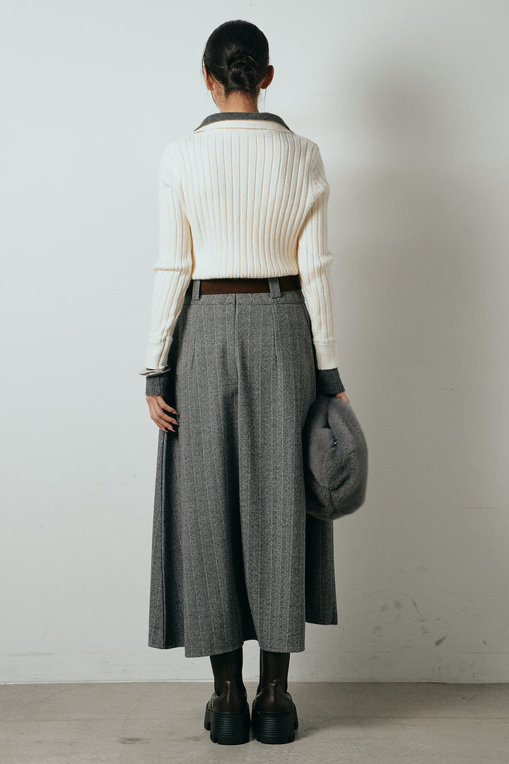 [SET]レイヤード風リブニットトップス+太ベルト付きヘリンボーンプリーツスカート(2set)
