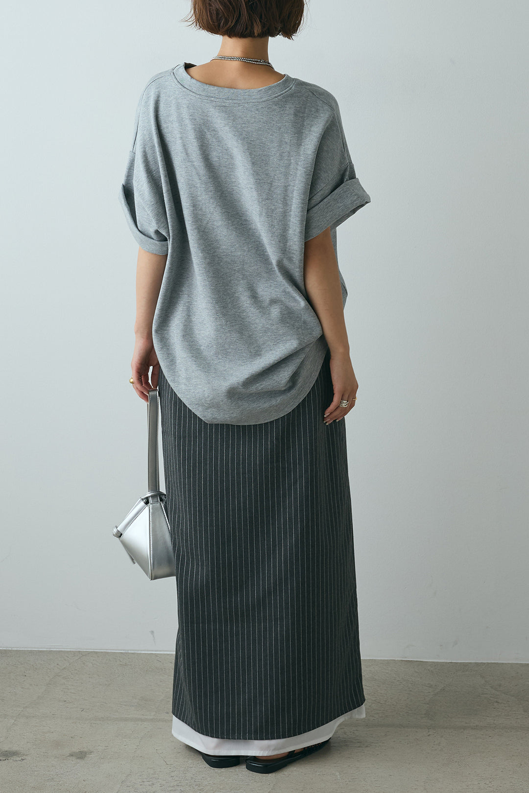 [SET]スクエアレース刺繍Tシャツ+ストライプストレートスカート(2set)