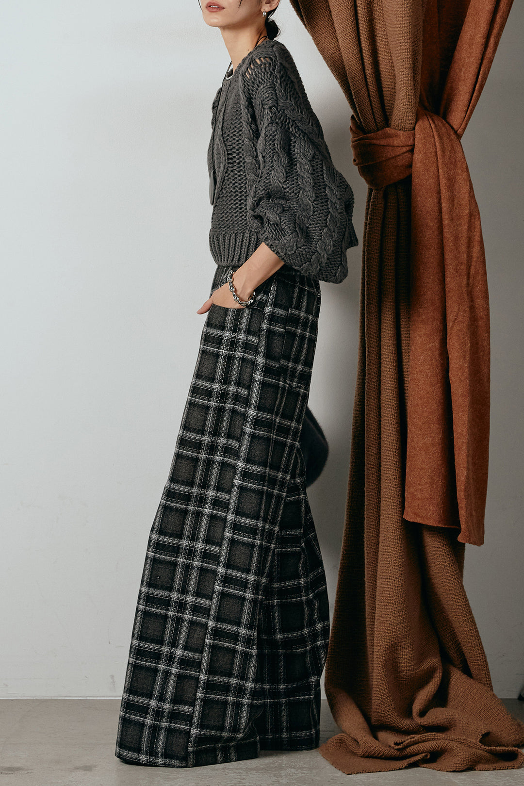 [SET]ロービングケーブルショート丈プルオーバー+ルーズタータンチェックワイドパンツ(2set)
