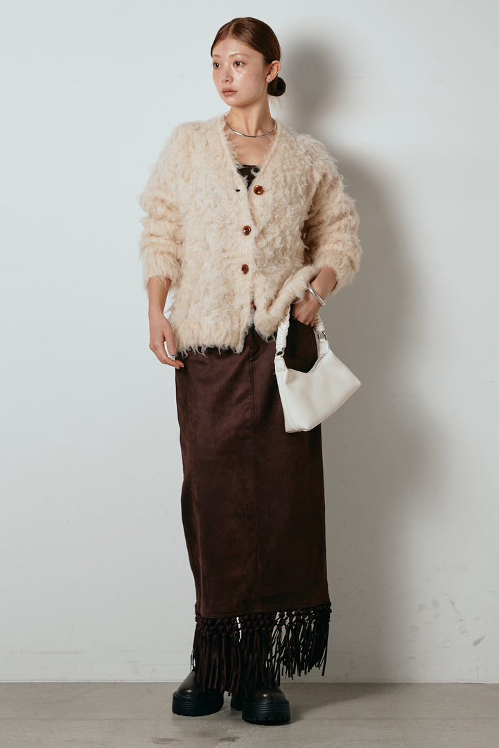 [SET]ルーズシャギーニットカーディガン+スウェードライク裾フリンジスカート(2set)