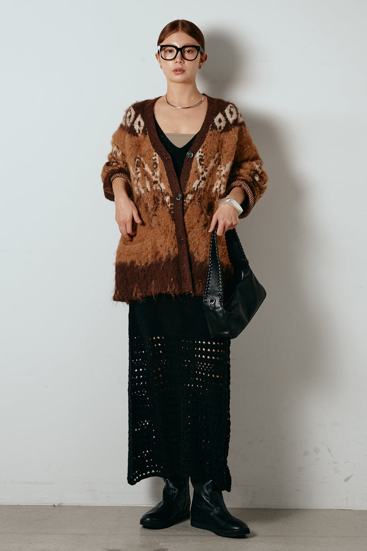 [SET]シャギーニュアンス柄ニットカーディガン+裾透かし編みキャミソールニットワンピース(2set)