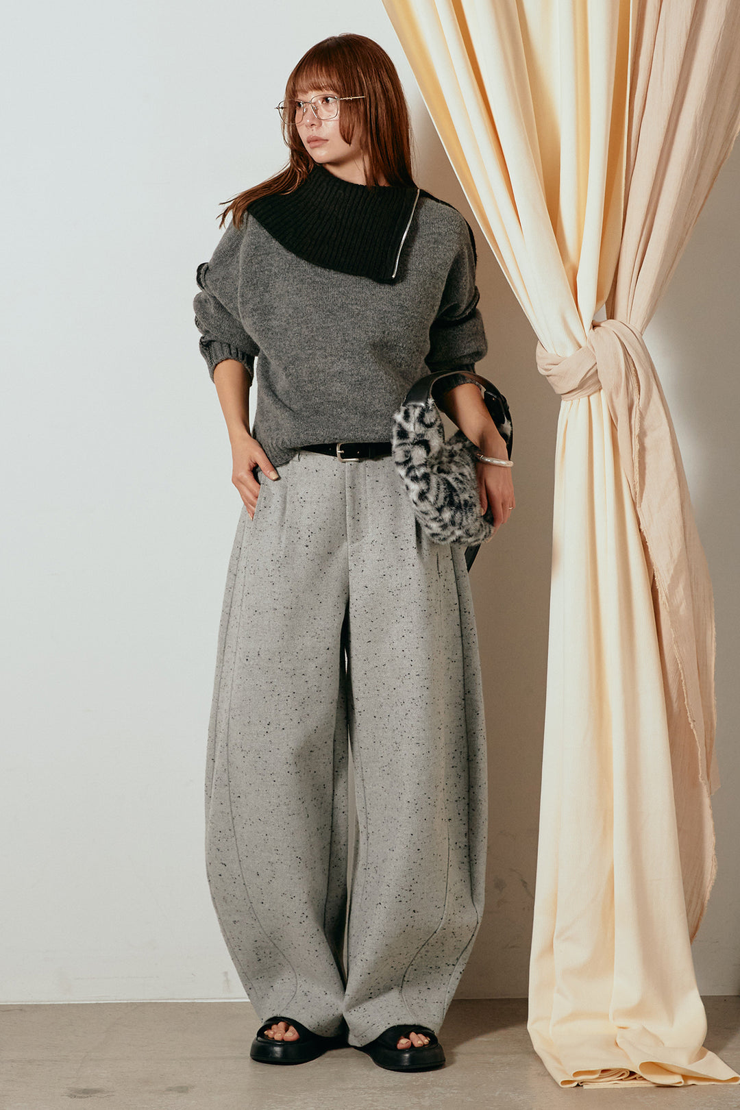 [SET]ハイネックジップデザインニットトップス+ベルト付きネップツイードカーブパンツ(2set)