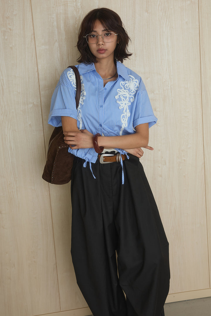 [SET]フロントテープ刺繍ウエストドロストシャツ+ベルトループワイドパンツ/ホワイト(2set)