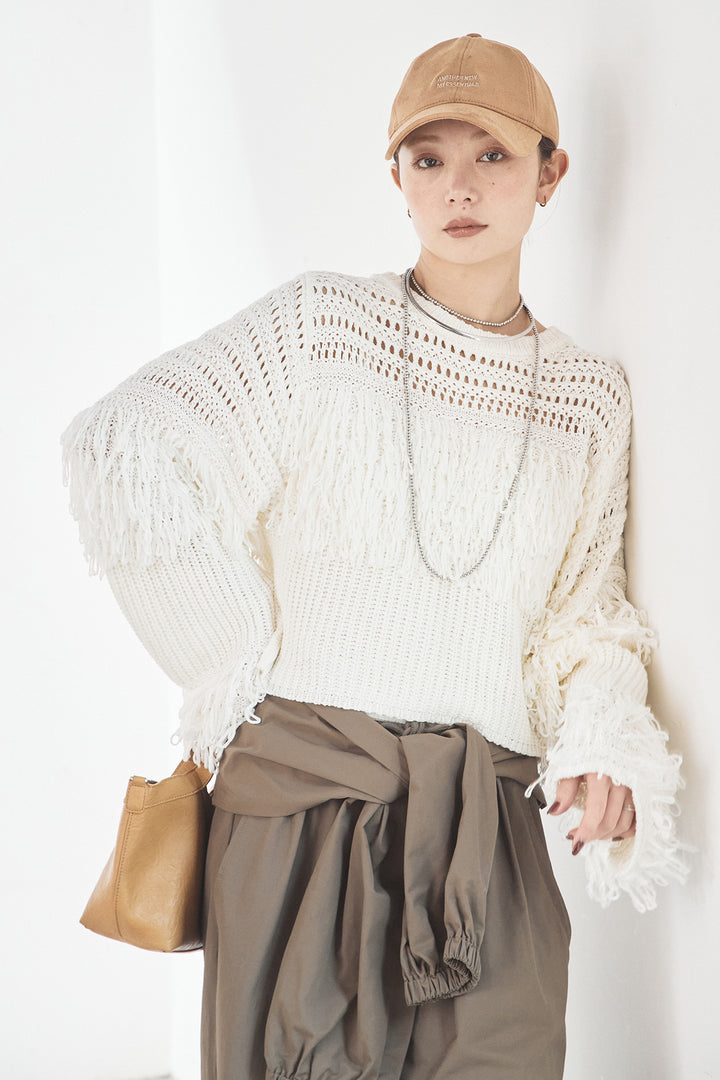 [SET]メッシュフリンジ切り替えプルオーバー+合繊ツイルスタンドウエスト巻きジョガーパンツ(2set)