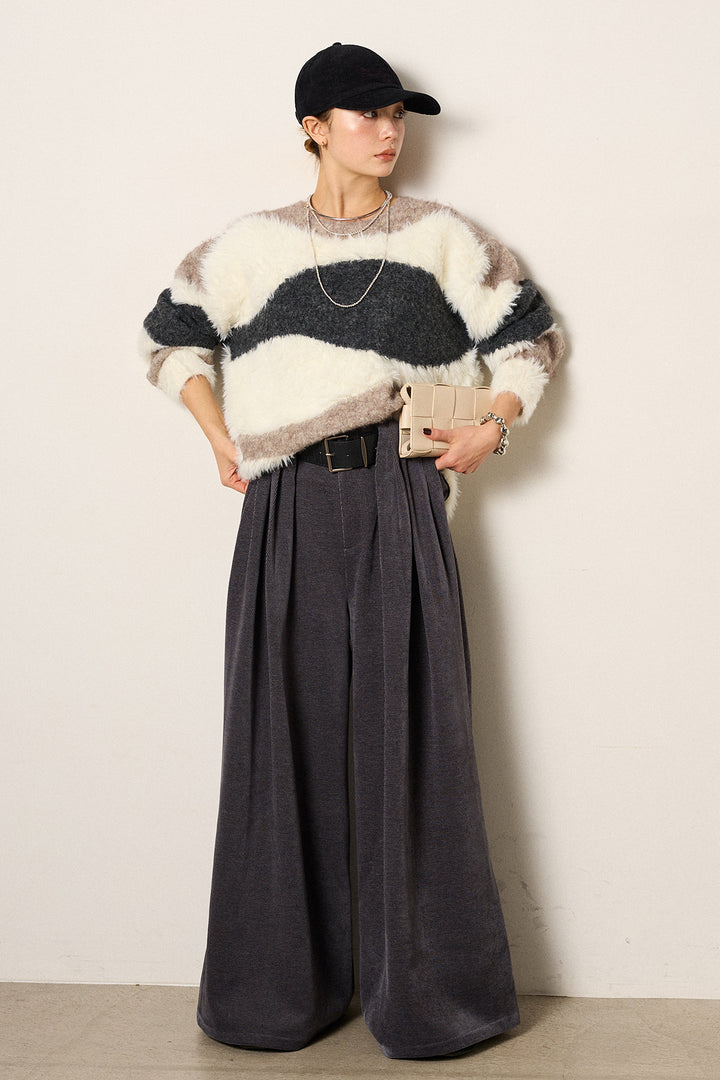 [SET]シャギーウェーブ柄クルーネックニットトップス+ベルトループコーデュロイワイドパンツ(2set)