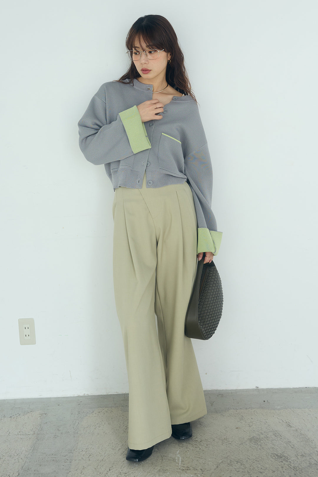 [SET]レーヨンポリダブルフェイスカーディガン+サイドベルトタック入りスラックス(2set)