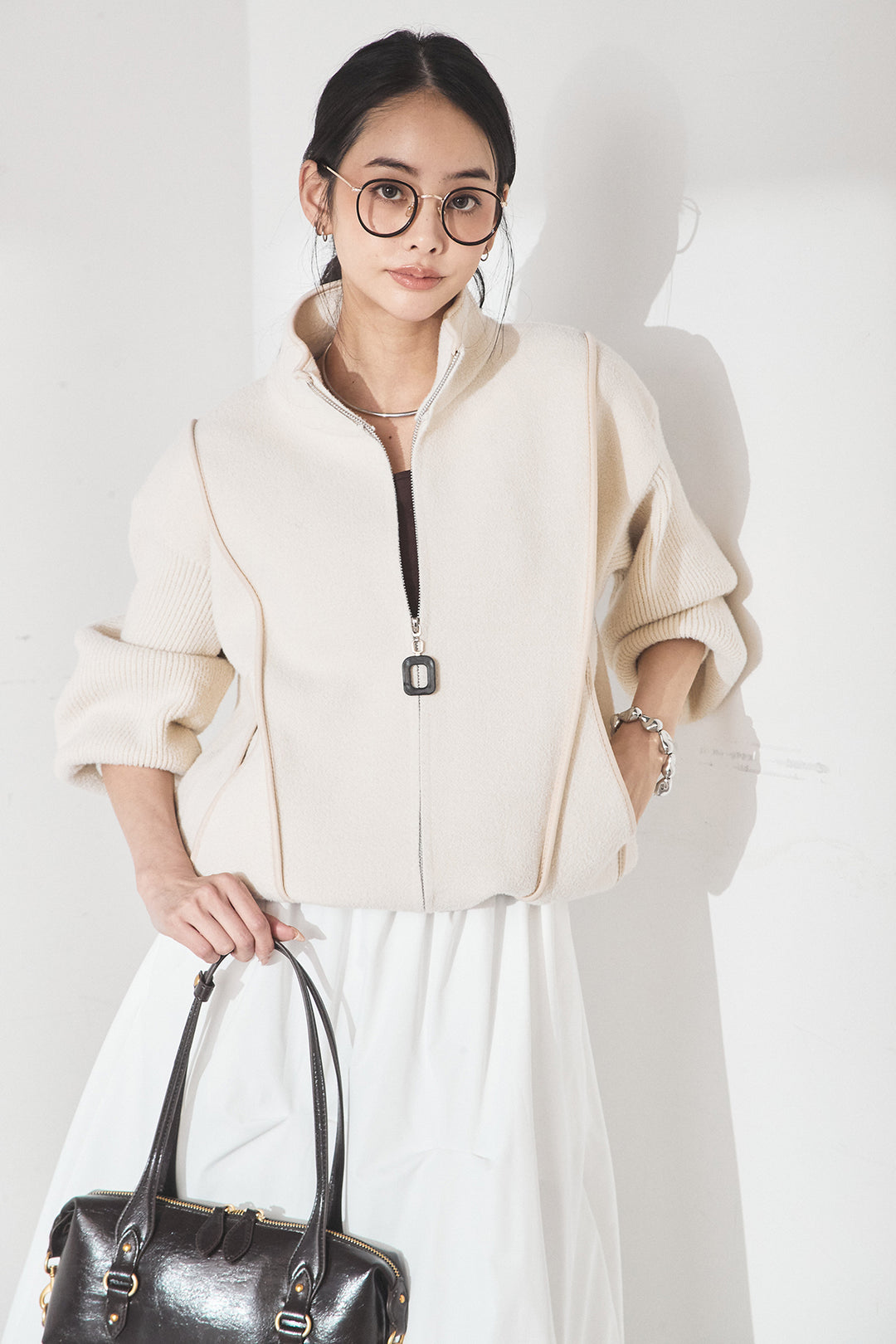 [SET]ハイネックパイピングデザインブルゾン+ランダムタックバルーンスカート(2set)