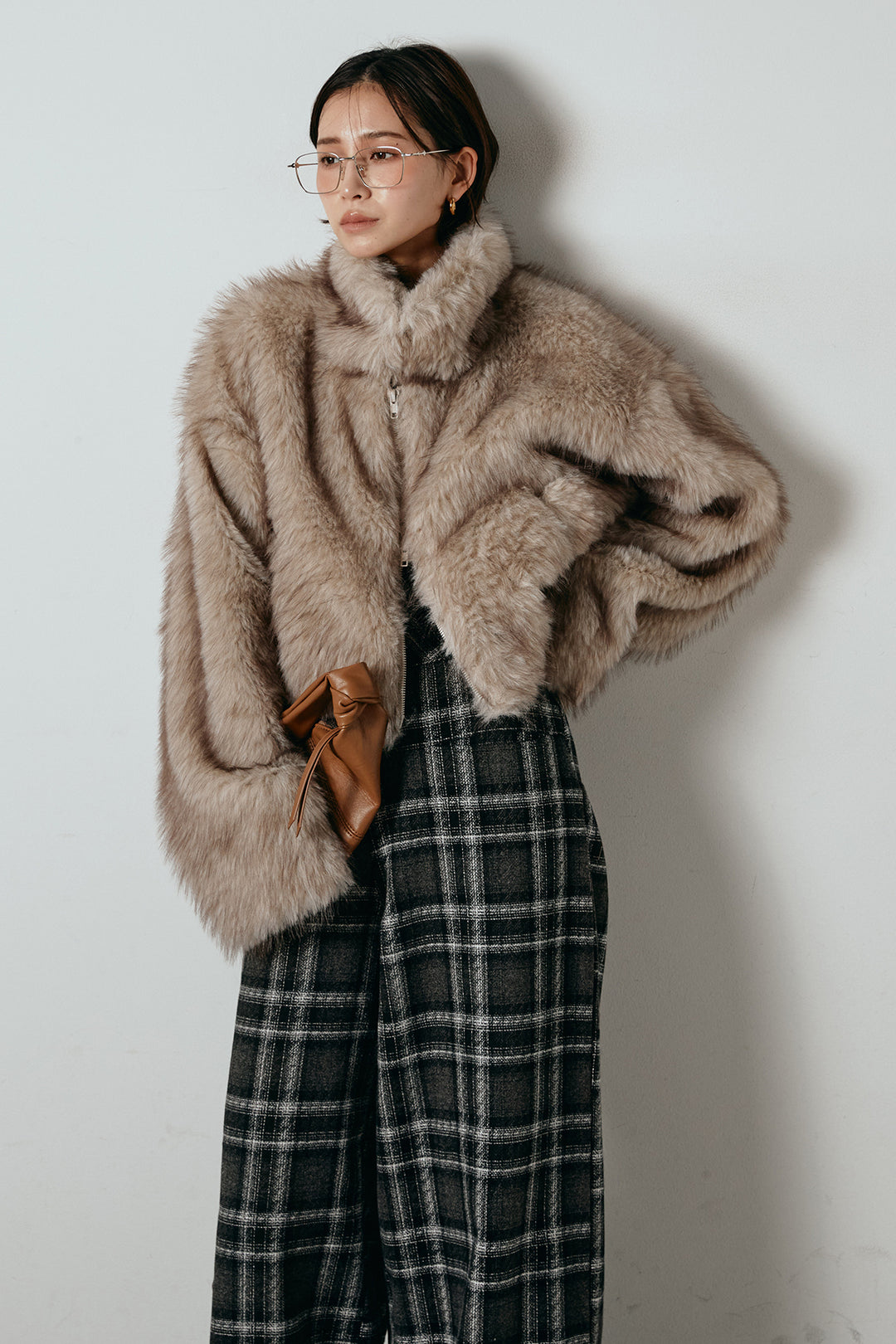 [SET]エコファーショート丈ブルゾン+ルーズタータンチェックワイドパンツ(2set)