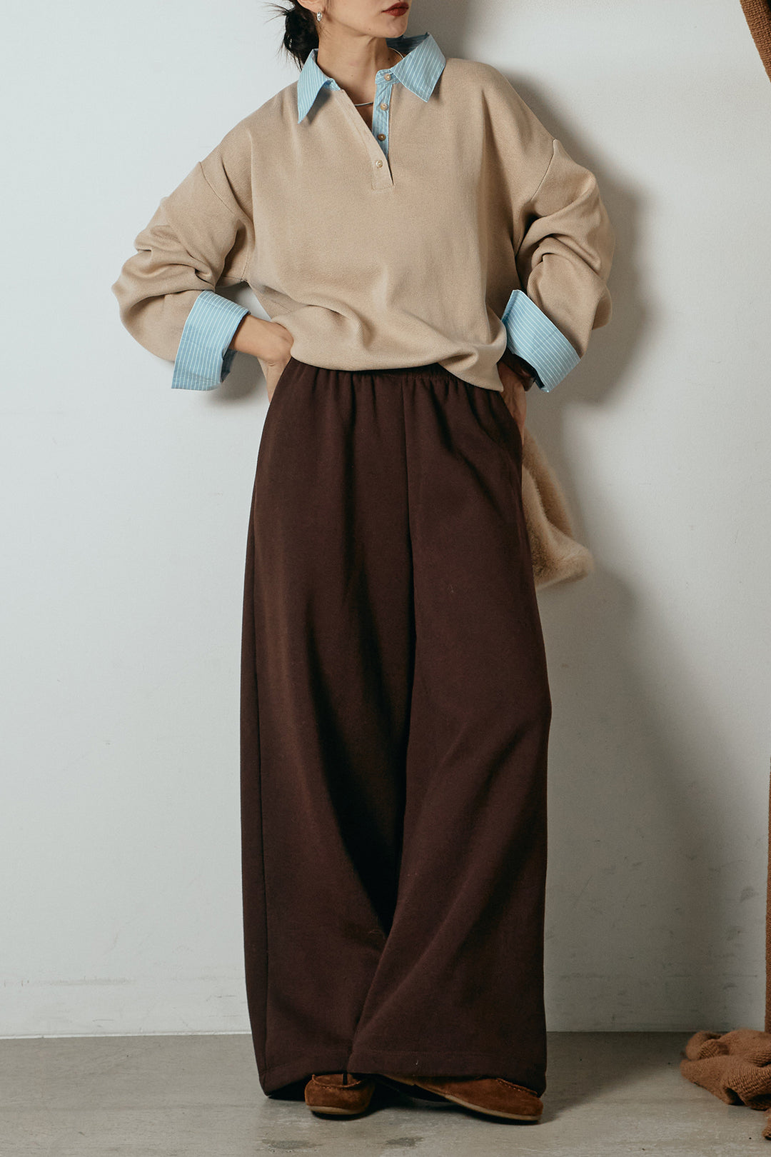 [SET]ストライプシャツドッキングポロトップス+裏起毛スウェットワイドパンツ(2set)