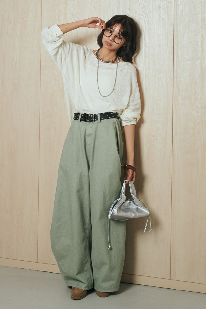 [SET]麻混リラックスニットトップス+ベルト付きカラーデニムパンツ(2set)