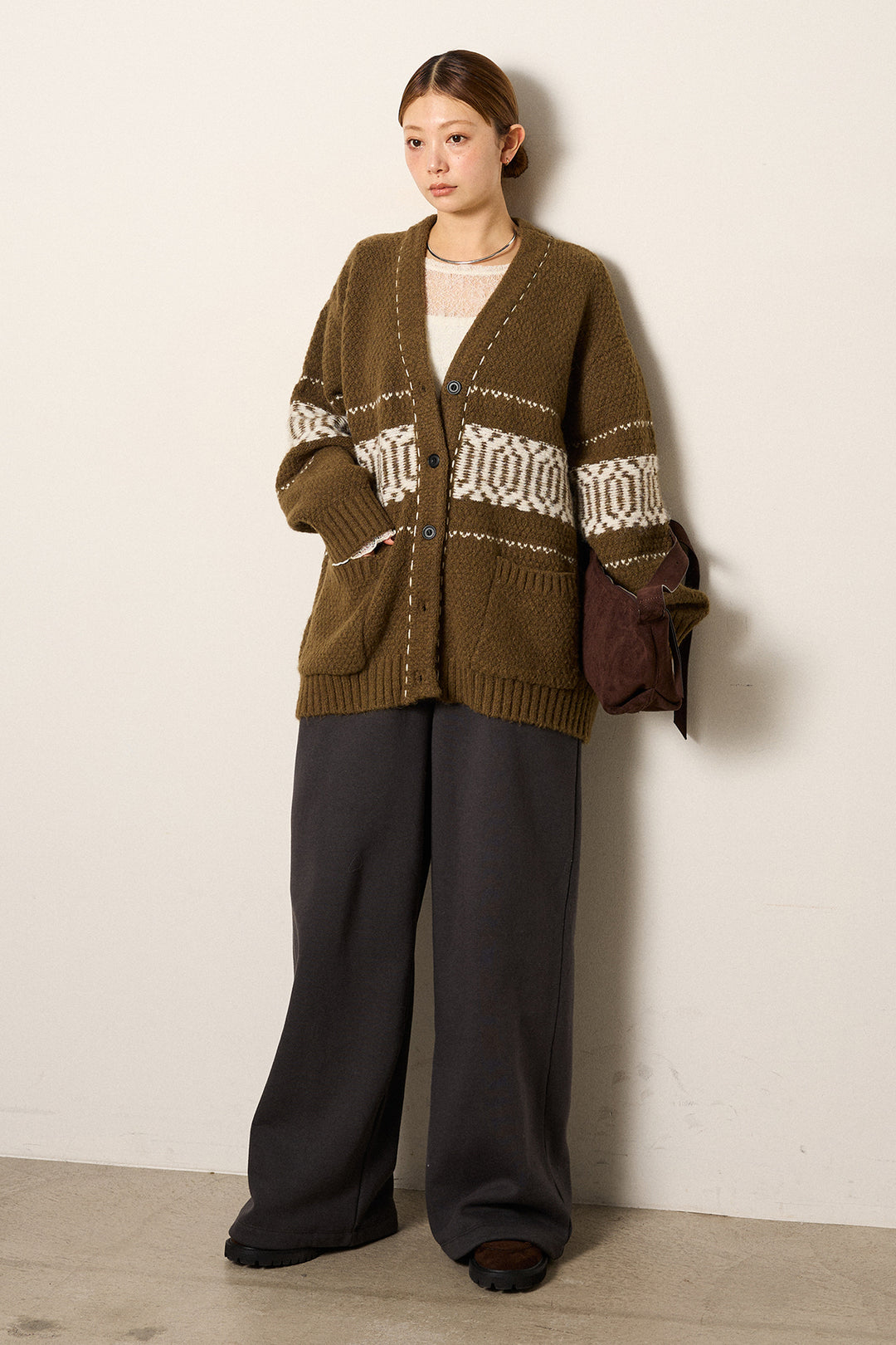 [SET]ライン柄ステッチニットカーディガン+2WAY袖コード刺繍クルーネックプルオーバー(2set)