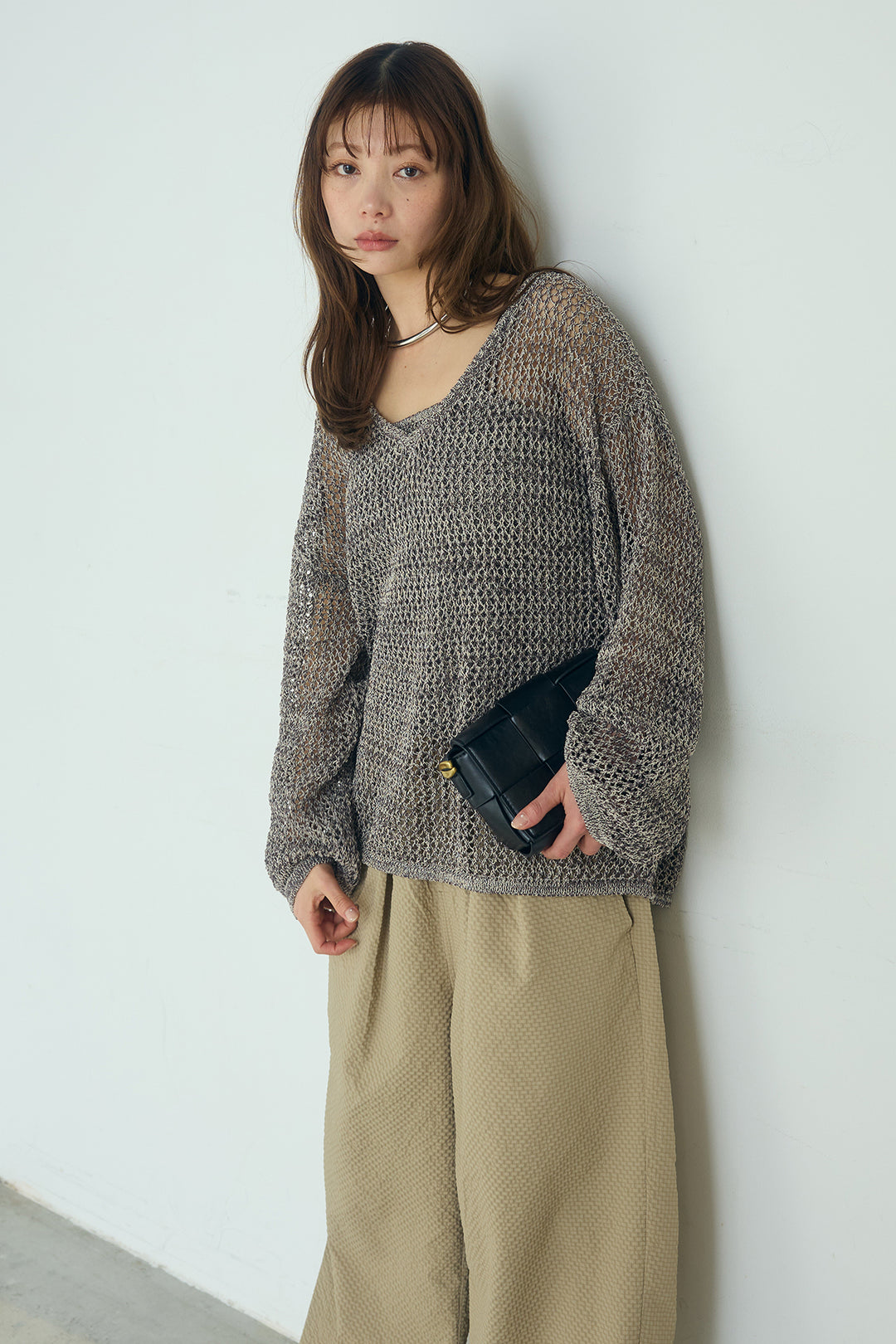 [SET]メッシュ編みビスチェセットVネックプルオーバー+シアサッカーイージーパンツ(2set)