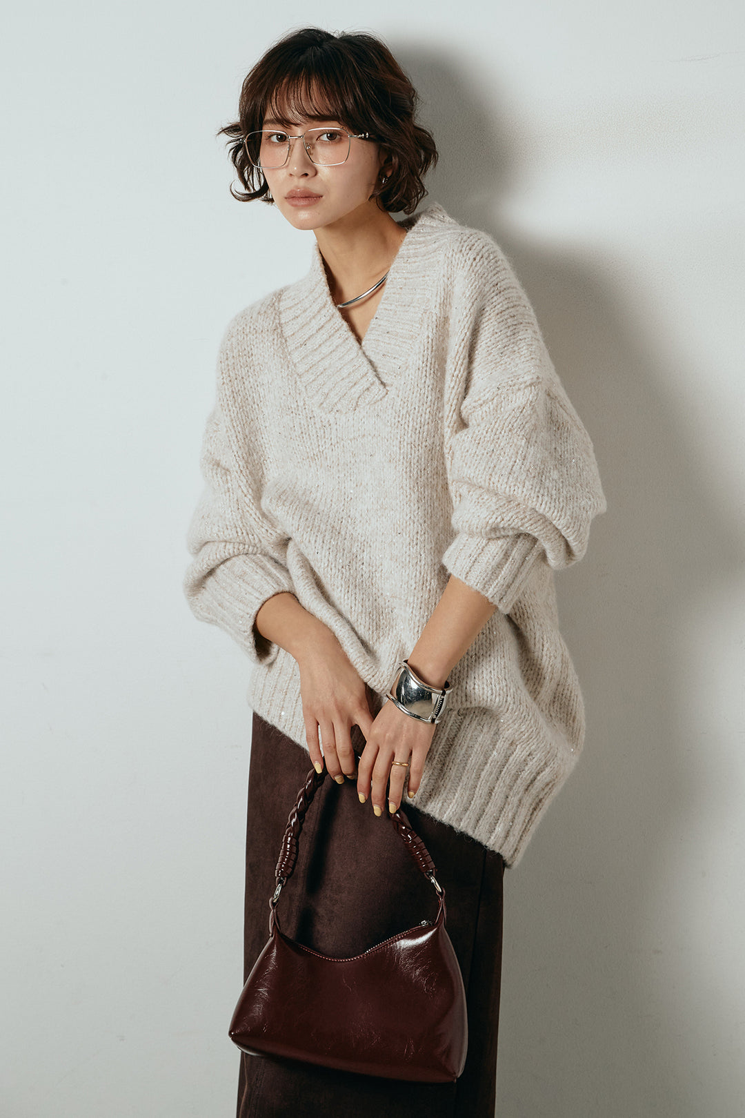 [SET]Vネックラメニットトップス+スウェードライク裾フリンジスカート(2set)