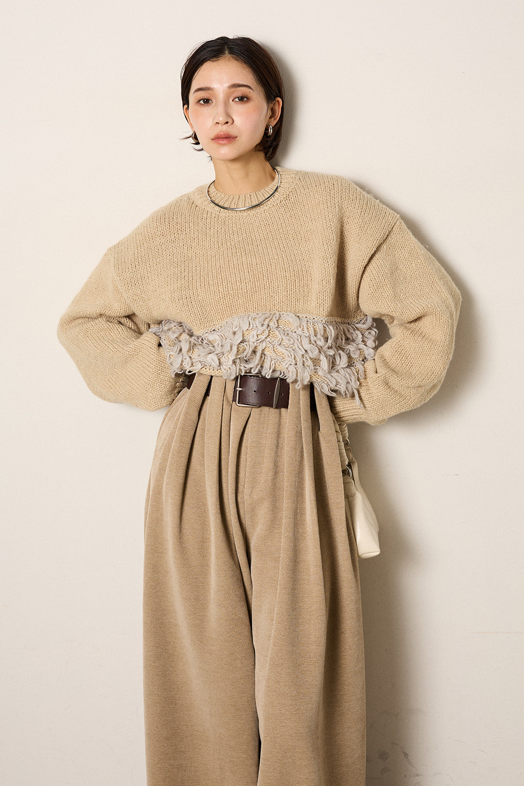 [SET]ループ編み切り替えニットプルオーバー+ベルトループコーデュロイワイドパンツ(2set)