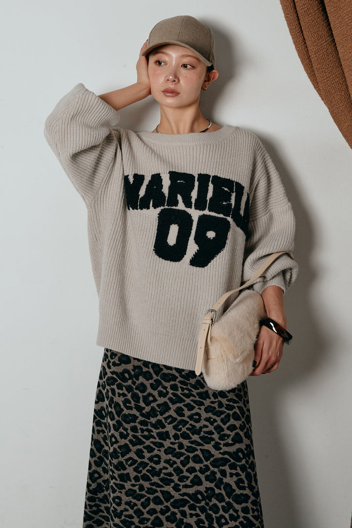 [SET]ロゴジャガードニットトップス+レオパードロングスカート(2set)