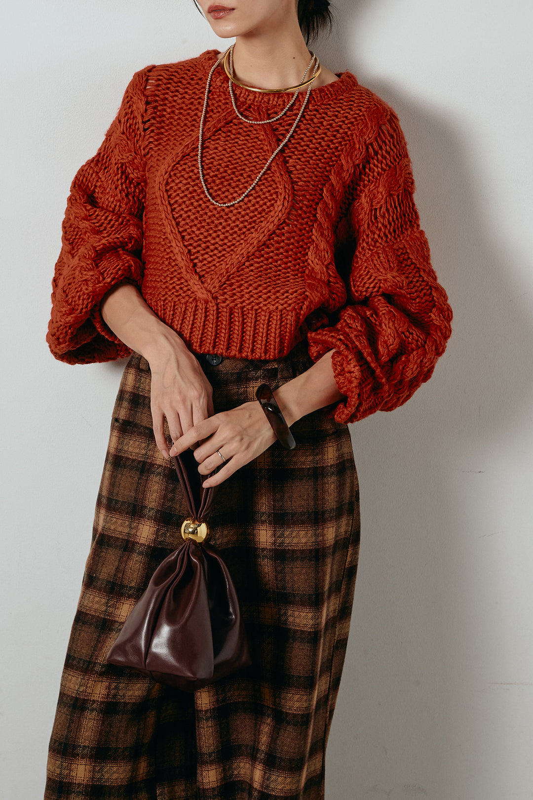 [SET]ロービングケーブルショート丈プルオーバー+ルーズタータンチェックワイドパンツ(2set)