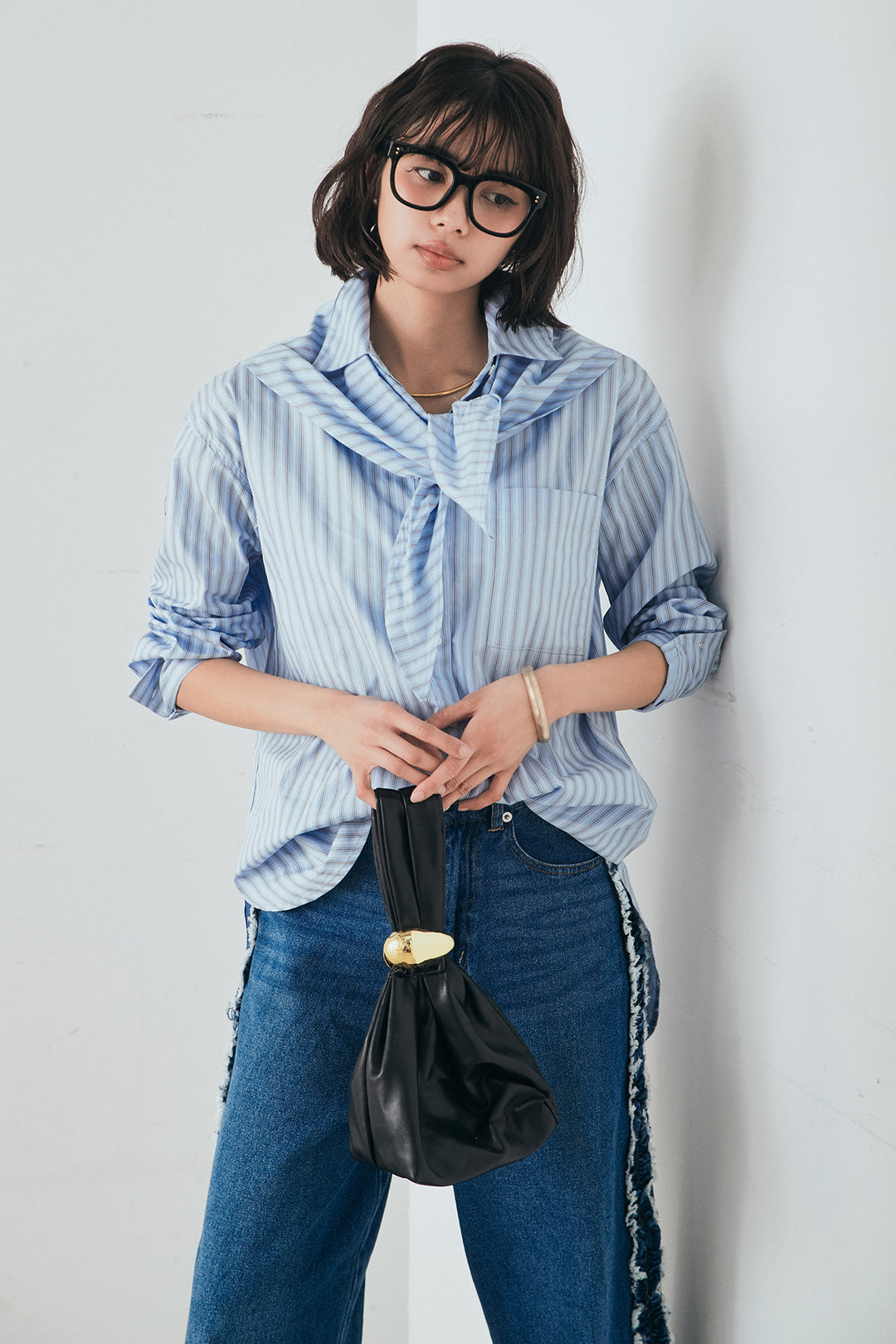 [SET]ランダムストライプスカーフ付きシャツ+デニムサイドフリルパンツ(2set)