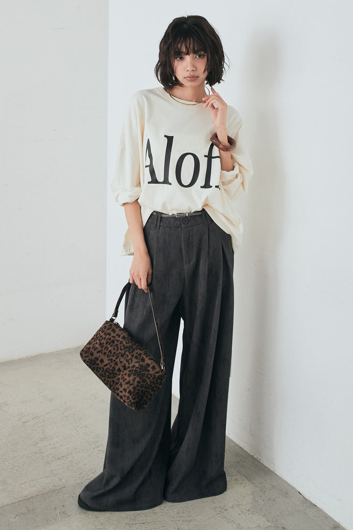 [SET]裾センタードロストロゴプリントワイドTシャツ+紐ベルト付きかすれ柄ワイドスラックス(2set)