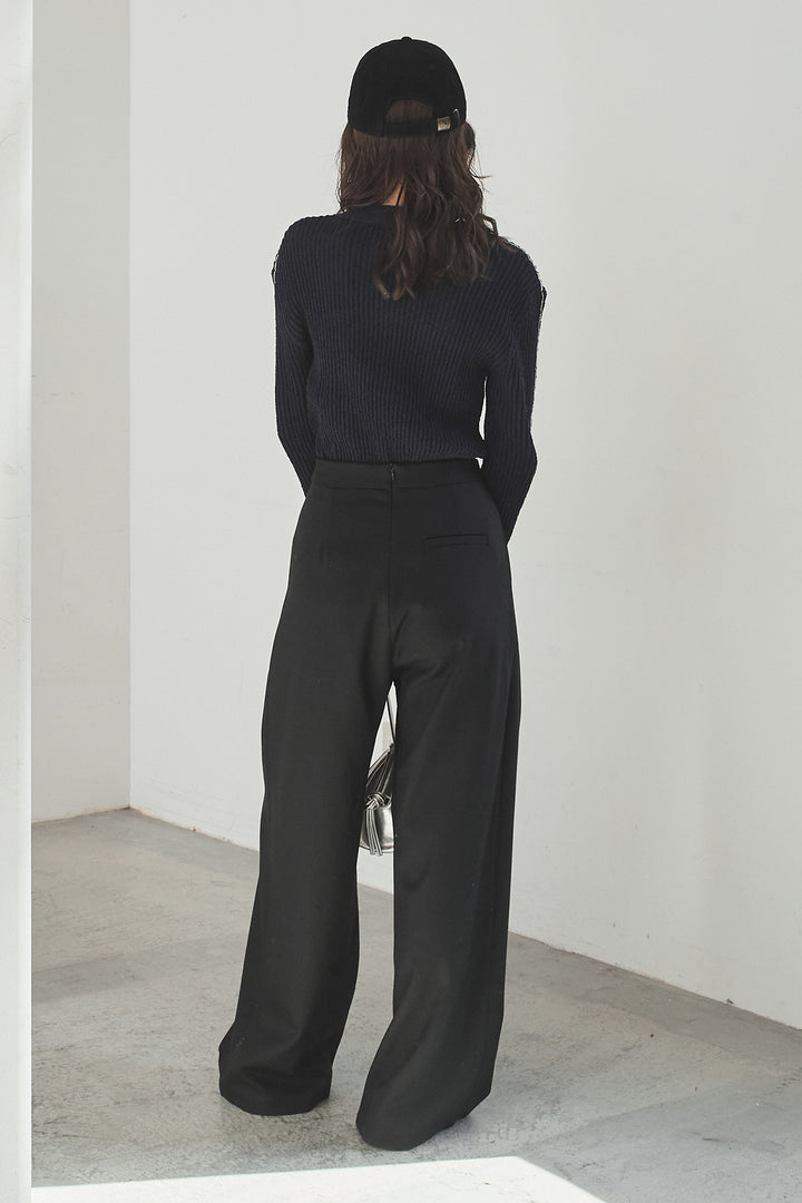 [SET]衿付きニットプルオーバー+サイドベルトタック入りスラックス(2set)