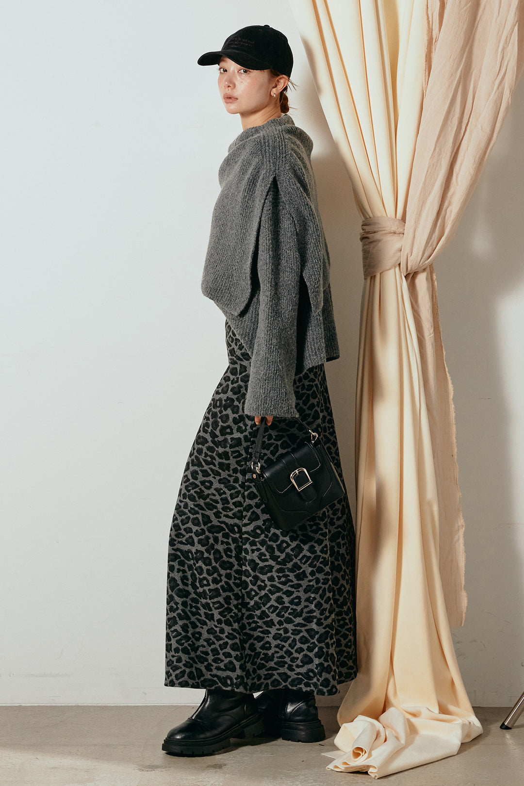 [SET]ケープデザインリブニットトップス+レオパードロングスカート(2set)