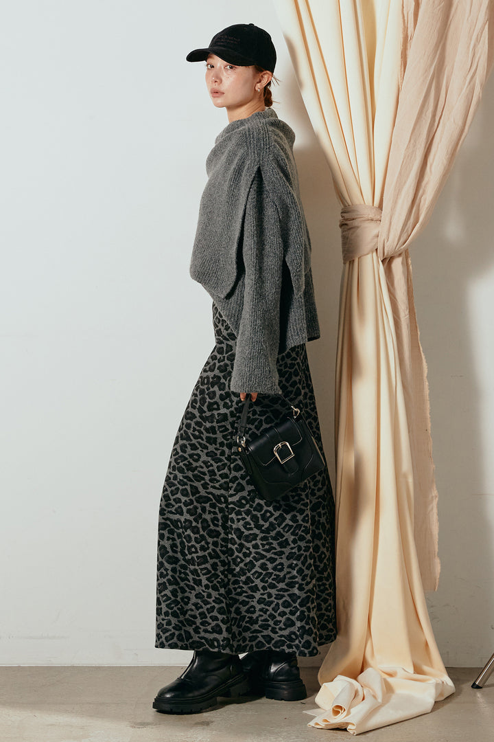 [SET]ケープデザインリブニットトップス+レオパードロングスカート(2set)