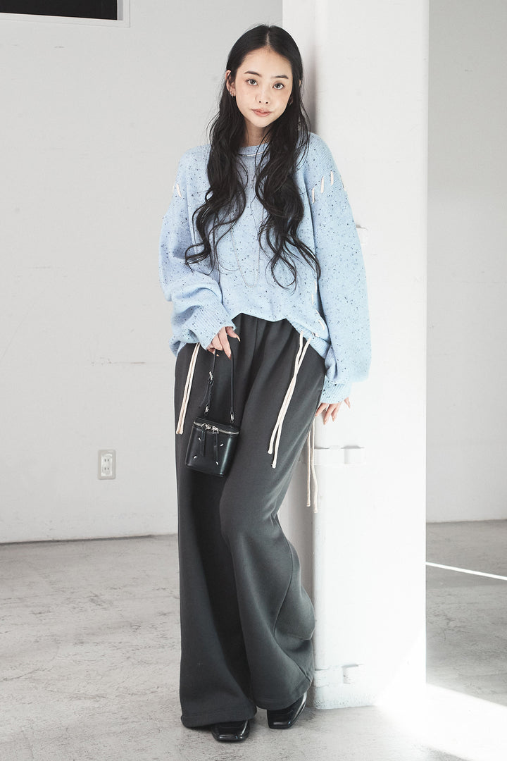 [SET]ネップ編み上げニットトップス+裏起毛スウェットワイドパンツ(2set)