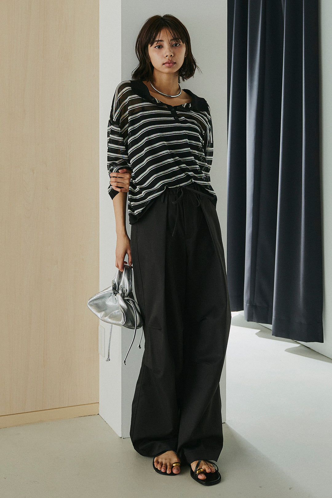 [SET]ボーダーニットポロシャツ+ニーサイドタックウエストドロスパンツ(2set)