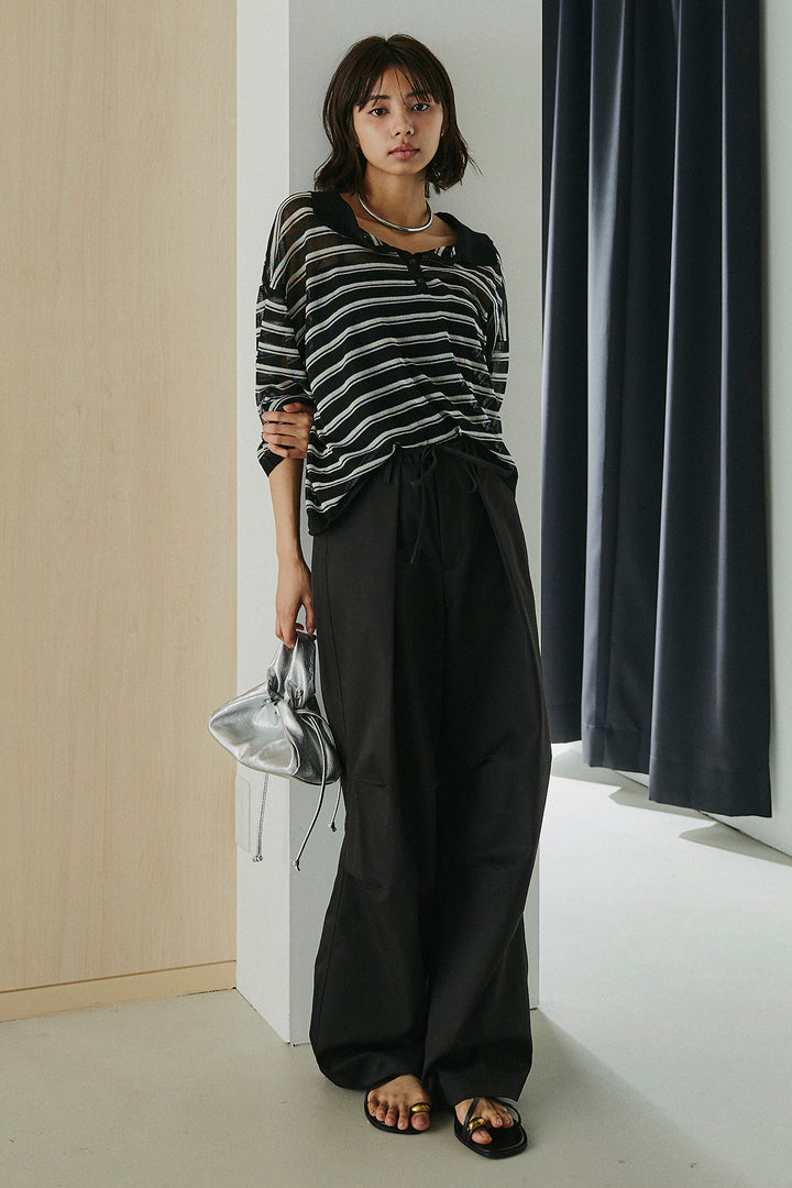 [SET]ボーダーニットポロシャツ+ニーサイドタックウエストドロスパンツ(2set)