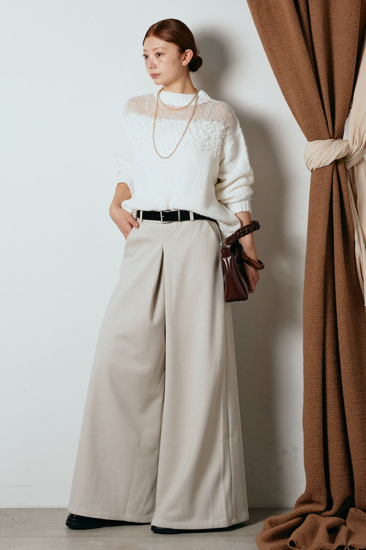 [SET]パターンランダム編みニットトップス+ベルト付きフロントタックデザインパンツ(2set)