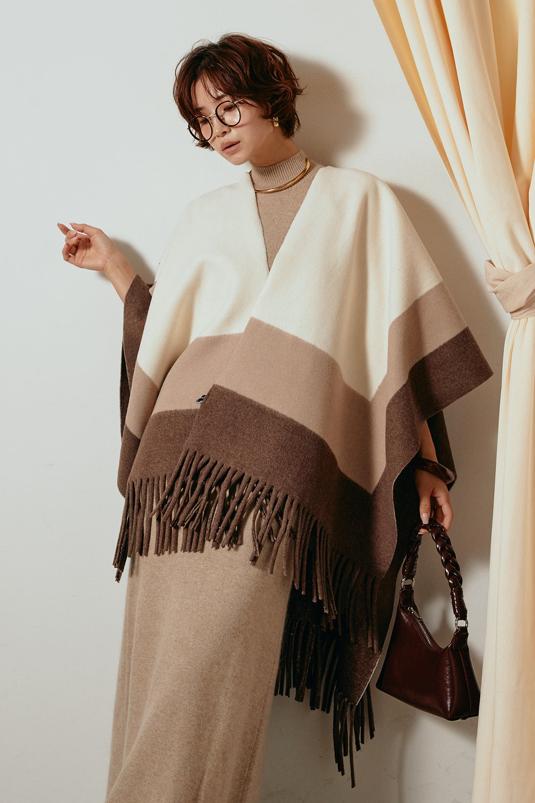 [SET]裾フリンジ柄ポンチョアウター+ノースリーブニットロングワンピース(2set)