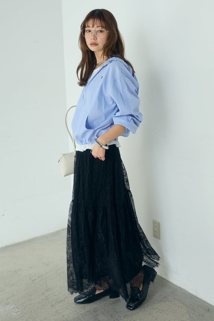 [SET]レイヤードデザインフーディートップス+ひげレース切替ロング丈スカート(2set)