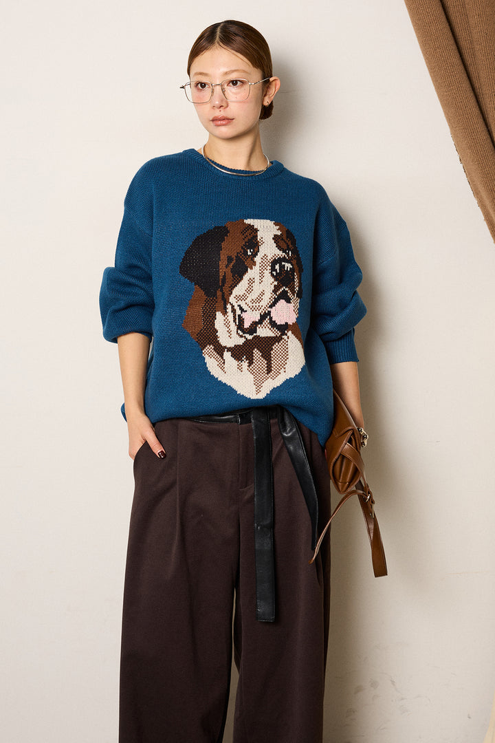 [SET]アニマルジャガード柄ニットトップス+巻ベルトウエストレザーライクワイドパンツ(2set)