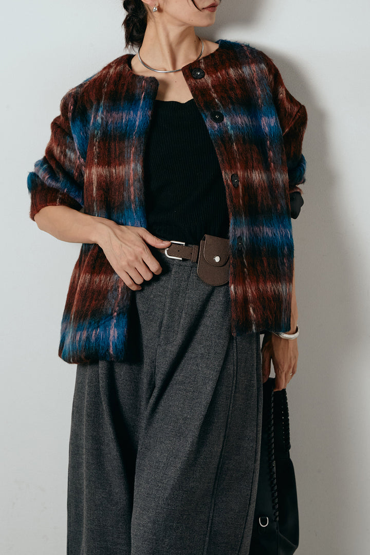 [SET]ノーカラーシャギーチェックアウター+ポーチベルト付きカーブパンツ(2set)