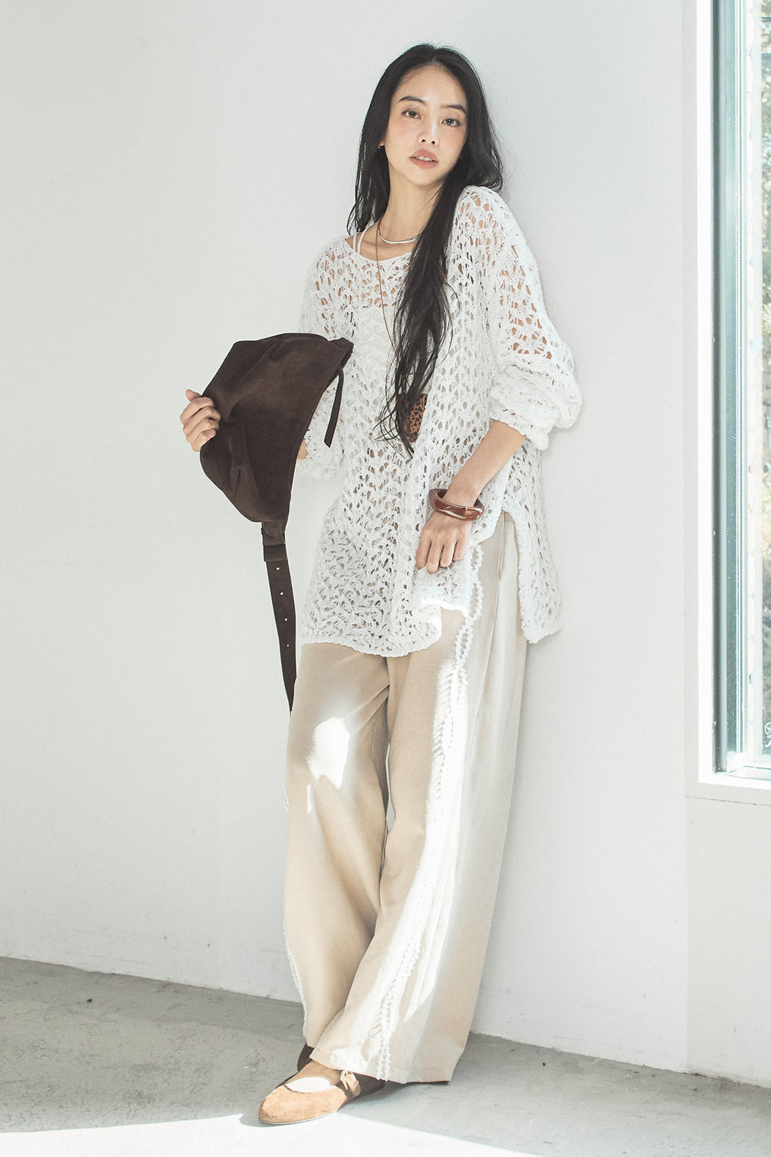 [SET]リラックスメッシュニットトップス+刺繡テープラインパンツ(2set)