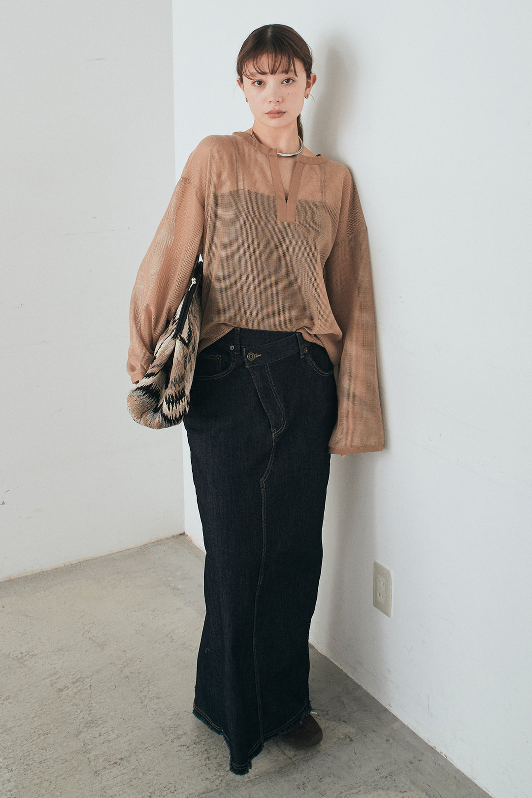 [SET]メッシュカットソースキッパープルオーバー+ウエストクロスデニムタイトスカート(2set)